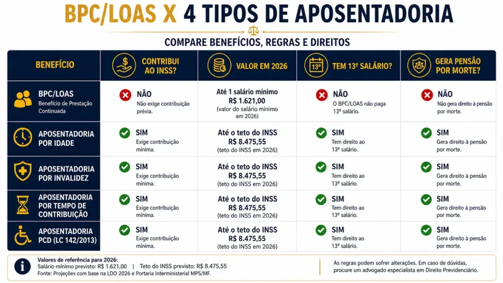 Tabela comparativa entre BPC/LOAS e quatro tipos de aposentadoria do INSS em 2026