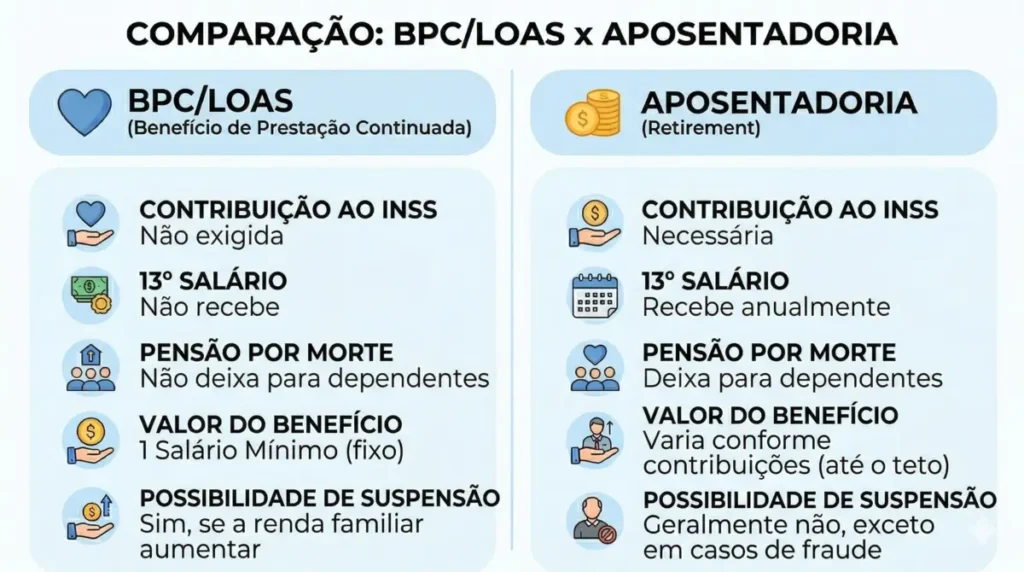 Infográfico comparando as diferenças entre BPC LOAS e aposentadoria — contribuição, 13º salário, pensão por morte e valor