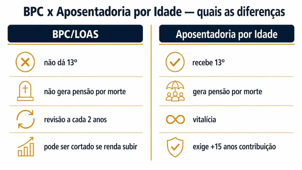 Infográfico comparativo entre BPC/LOAS e Aposentadoria por Idade: 13º, pensão por morte, revisão e corte por renda