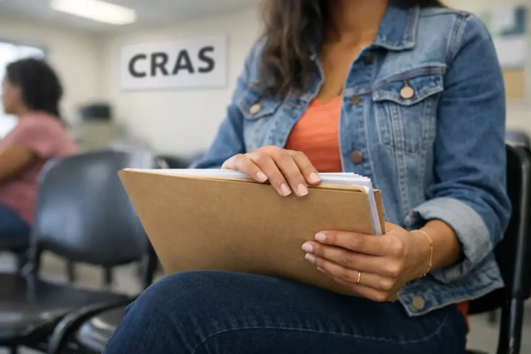 Mãe com documentos no CRAS para cadastro do CadÚnico BPC