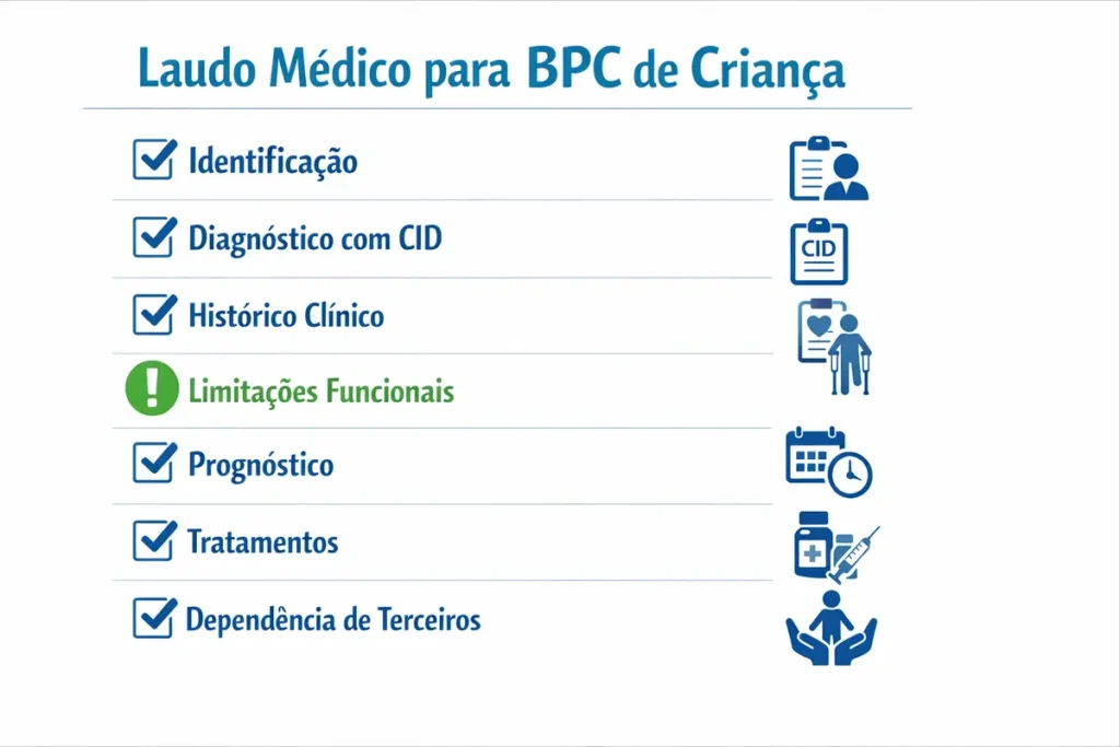 Checklist dos 7 elementos obrigatórios do laudo médico BPC criança