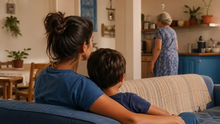 Mãe e criança em casa com avó ao fundo, ilustrando dúvida sobre grupo familiar BPC e quem entra no cálculo do benefício