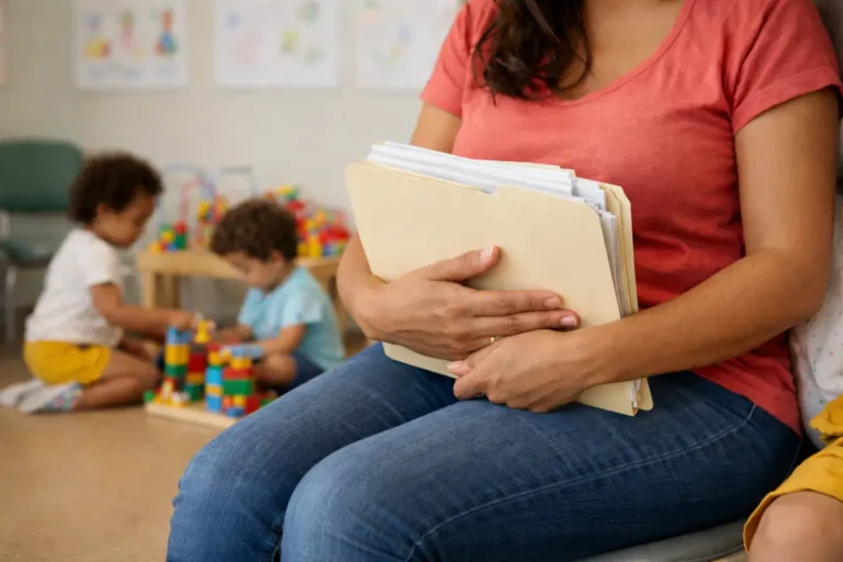 Mãe segurando laudo médico BPC criança em sala de espera de consultório