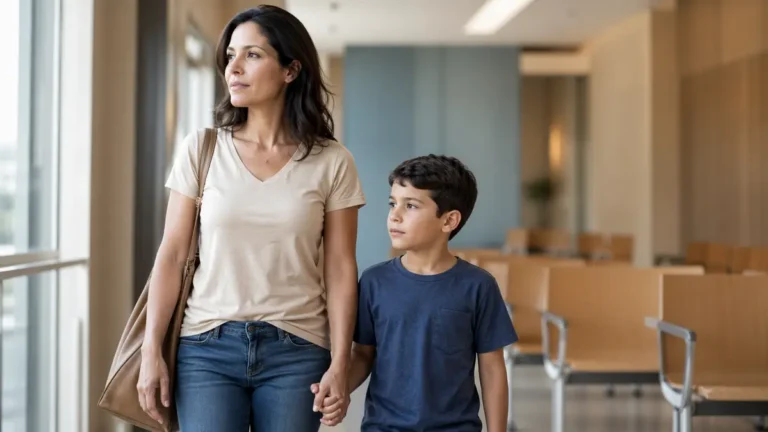 Mãe segura a mão do filho antes da perícia BPC LOAS em agência do INSS