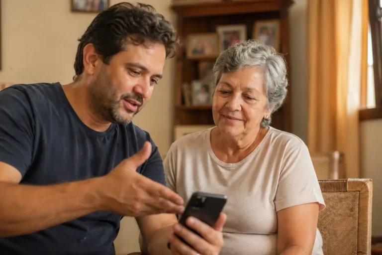 Quem nunca pagou INSS pode se aposentar pelo BPC: idosa de 67 anos sorrindo ao lado do filho que mostra informação no celular