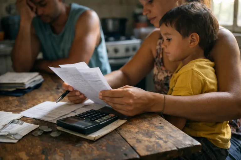 Família calculando a renda per capita BPC à mesa da cozinha com documentos