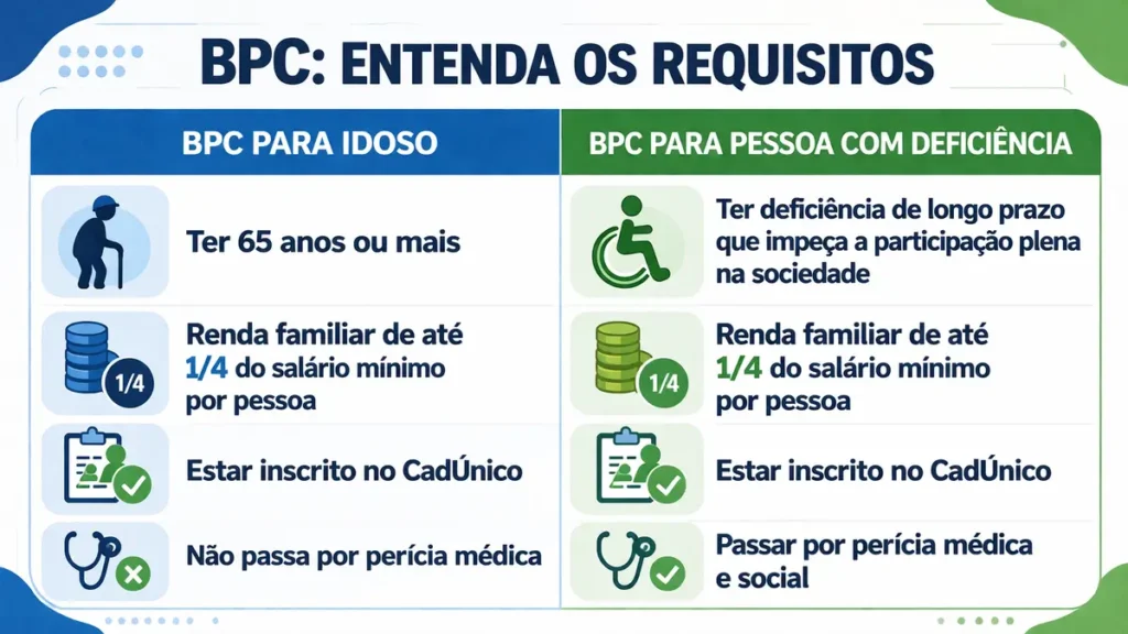 Infográfico com os requisitos do BPC para idoso e para pessoa com deficiência — idade, renda, CadÚnico e perícia